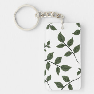 Foliage Branches with Green Leaves on White Key Ring