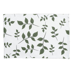 Foliage Branches with Green Leaves on White Pillowcase