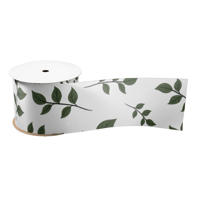 Foliage Branches with Green Leaves on White Satin Ribbon (Spool)