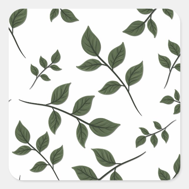 Foliage Branches with Green Leaves on White Square Sticker (Front)
