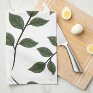 Foliage Branches with Green Leaves on White Tea Towel
