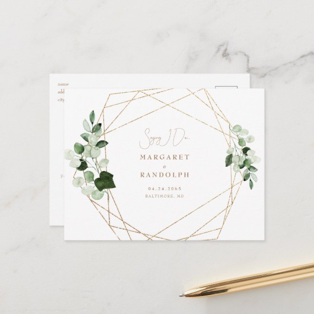 Foliage Contemporary Couple Photo Save the Date Announcement Postcard (Front/Back In Situ)