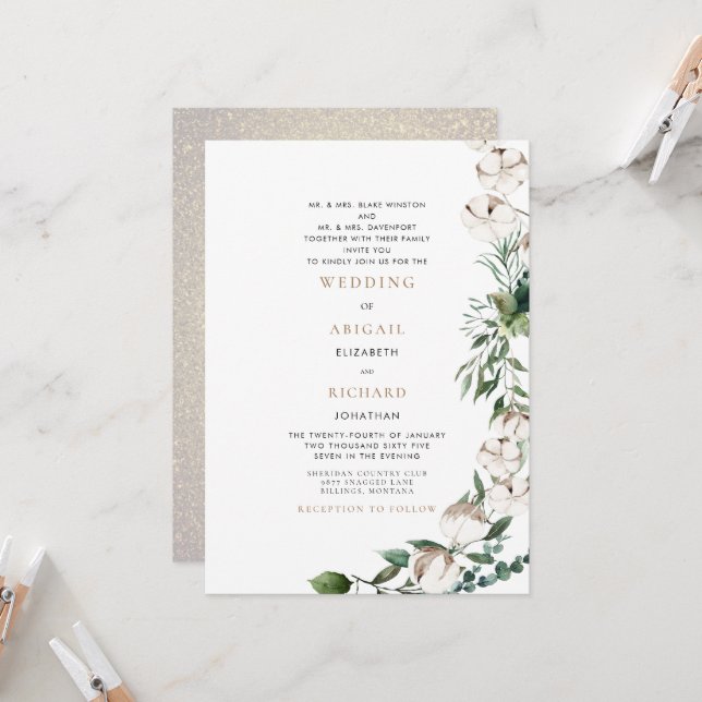 Foliage & Cotton Both Sets of Parents Wedding Invitation (Front/Back In Situ)