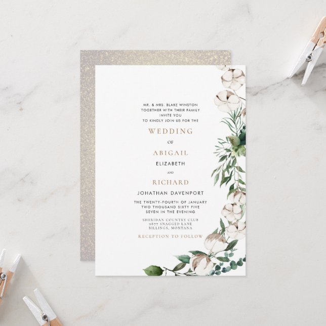 Foliage & Cotton Bride Parents Wedding Invitation (Front/Back In Situ)