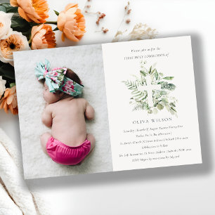 Foliage Cross First Holy Communion Photo Invite