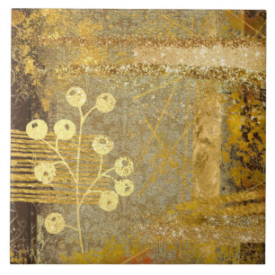 Foliage distressed brown glitter abstract gold ceramic tile