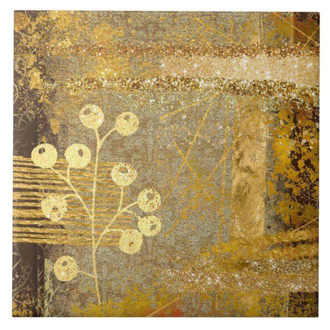 Foliage distressed brown glitter abstract gold ceramic tile (Front)