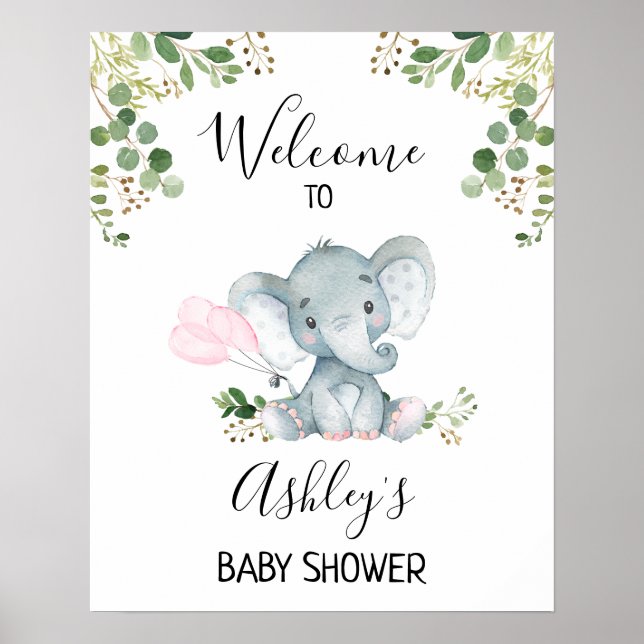 Foliage Elephant Balloons Baby Shower Welcome Sign (Front)
