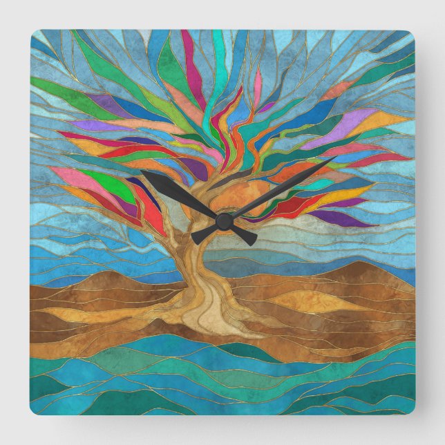 Foliage Fantasy Mosaic Tree Square Wall Clock (Front)