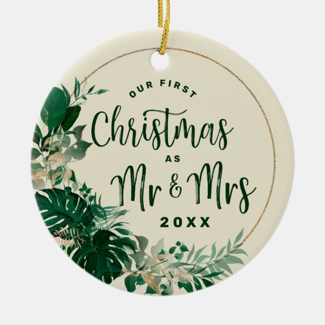 Foliage First Christmas as Mr & Mrs Newlywed Photo Ceramic Ornament (Front)