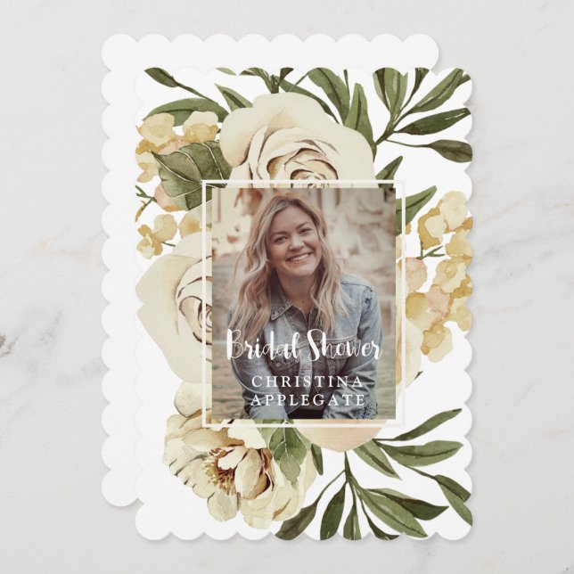 Foliage & Floral Photo Bridal Shower Scalloped Invitation (Front/Back)