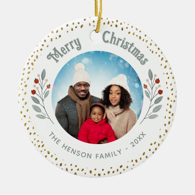 Foliage Glitter Christmas Family Photo  Ceramic Ornament (Front)