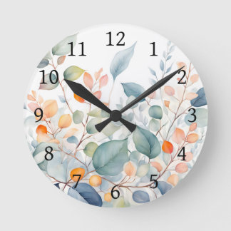 Foliage Green Blue Orange Leaves Round Clock