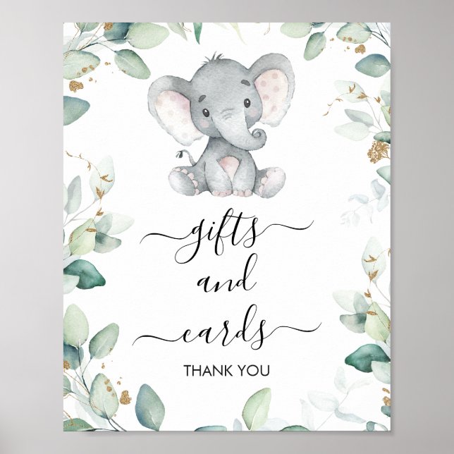 Foliage Green Gold Elephant Baby Shower Sign (Front)
