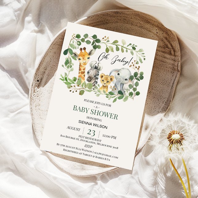 Foliage Greenery Gender Neutral Safari Baby Shower Invitation (Safari Baby Shower Invitation Greenery Foliage Gender Neutral, Wild One Jungle Animals Baby Shower )