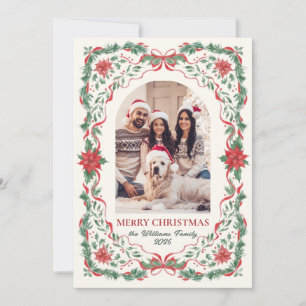 Foliage Greenery Red Bow Arch Photo Christmas Holiday Card