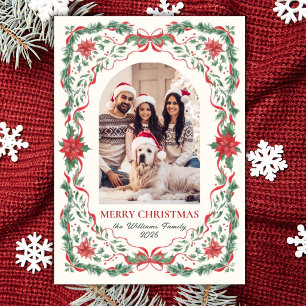 Foliage Greenery Red Bow Arch Photo Christmas Holiday Card