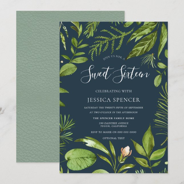 Foliage Greens Modern Nature Sweet 16 Party Invite (Front/Back)
