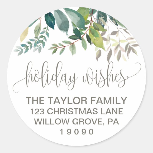 Foliage Holiday Wishes Christmas Return Address Classic Round Sticker (Front)