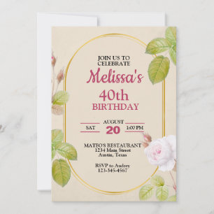 Foliage in Gold Frame and Floral Birthday Invitation