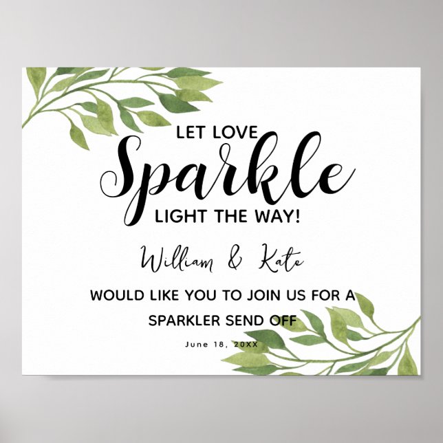 foliage leaf green sparkler send off wedding poster (Front)
