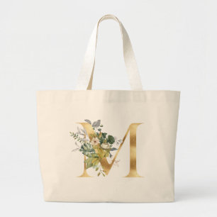 Foliage Monogram M in Gold, Blue & Green Large Tote Bag