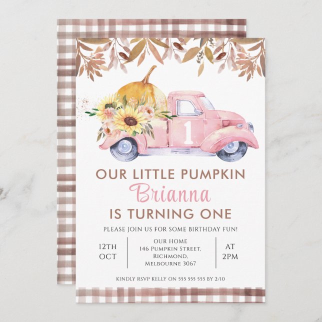 Foliage Pink Truck Little Pumpkin 1st Birthday Invitation (Front/Back)
