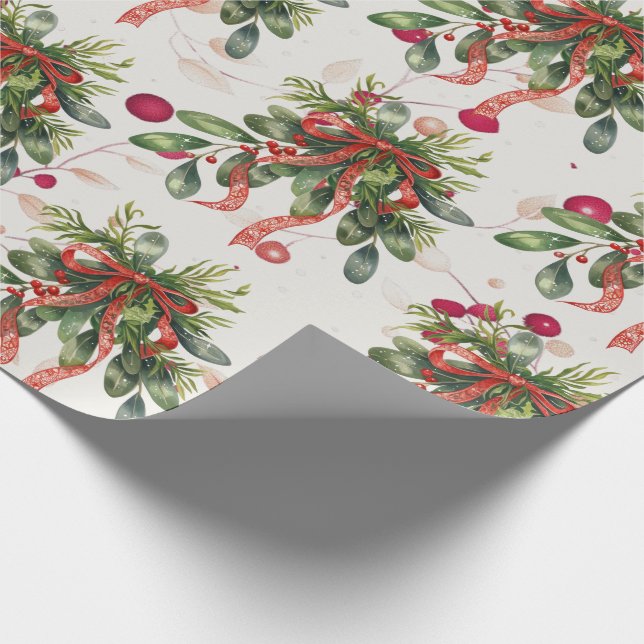 Foliage Red Ribbon Christmas Holly Wrapping Paper (Corner)