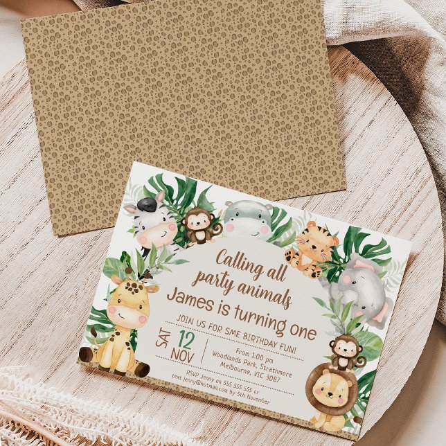 Foliage Safari Arch Party Animals 1st Birthday Invitation (Sweet safari themed 1st birthday invitation featuring eight cute safari animals, foliage and arch.)