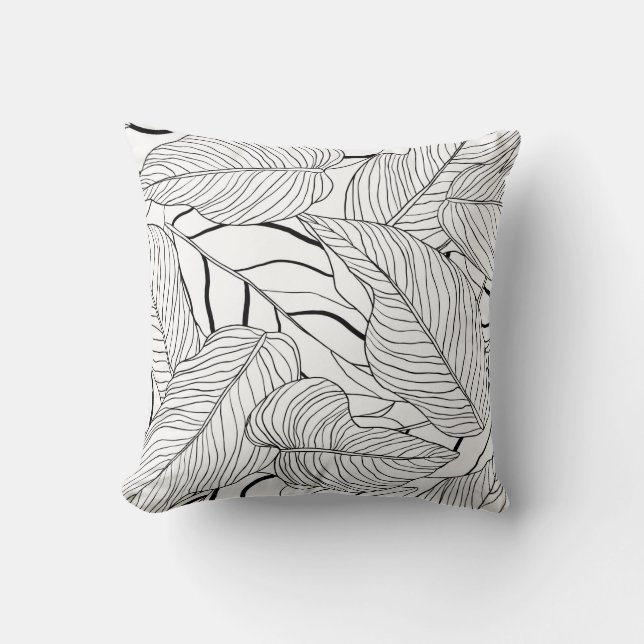 Foliage seamless pattern, long leaves line art ink cushion (Front)