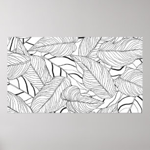 Foliage seamless pattern, long leaves line art ink poster