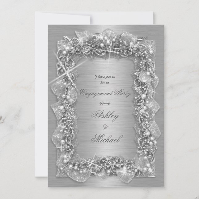 foliage silver luxury prosperity sparkling foil  invitation (Front)