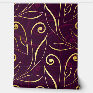 Foliage & Swirls Modern Damask Purple and Gold Wallpaper