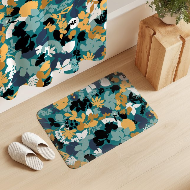 Foliage Teal Aqua Blue Mustard Black White Bath Mat (Creator Uploaded)