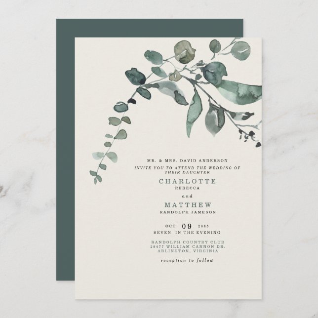 Foliage Teal & Cream Wedding Bride Parents Invitation (Front/Back)