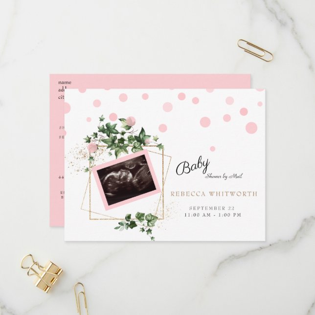 Foliage Ultrasound Photo Girl Baby Shower by Mail  Invitation Postcard (Front/Back In Situ)