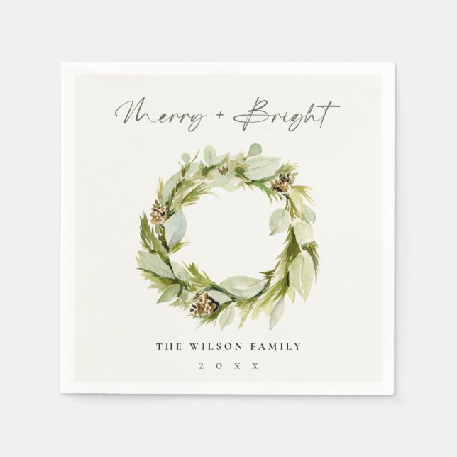 Foliage Winter Wreath Merry & Bright Christmas Napkin (Front)