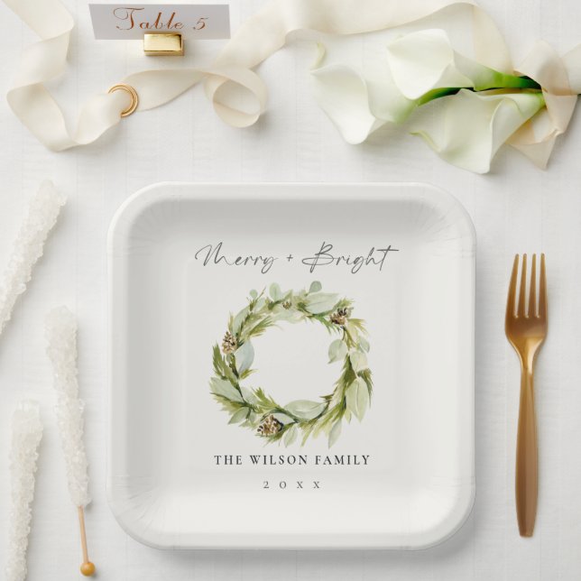 Foliage Winter Wreath Merry & Bright Christmas Paper Plate (Wedding)