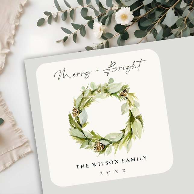 Foliage Winter Wreath Merry & Bright Christmas Square Sticker (Creator Uploaded)