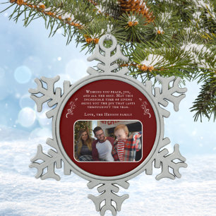 Foliage Wishes Family Photo Red Christmas Snowflake Pewter Christmas Ornament
