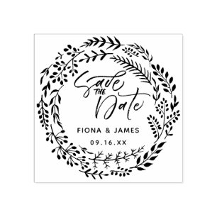Foliage Wreath Brush Script Save The Date Rubber Stamp