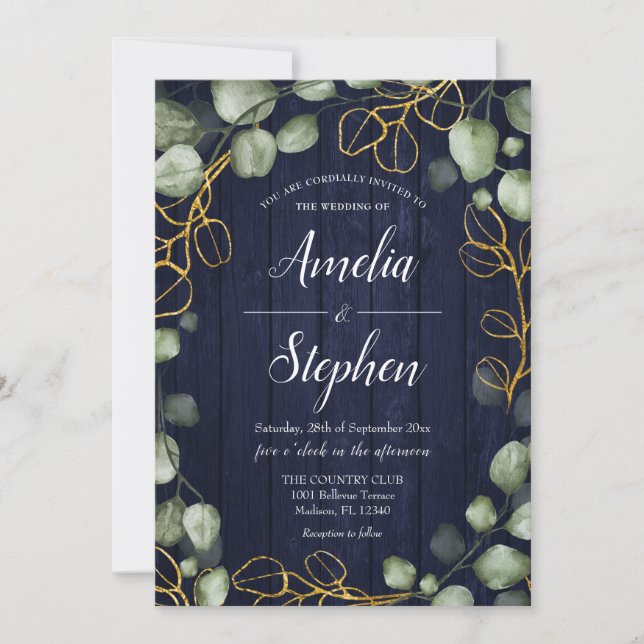 Foliage Wreath Eucalyptus Navy Wedding Invitation (Front)