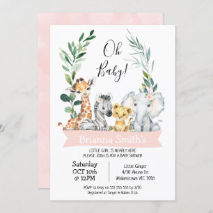 Foliage Wreath Girls Safari Animals Baby Shower Invitation