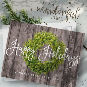 Foliage Wreath on Wood   Happy Holidays Greeting Holiday Postcard