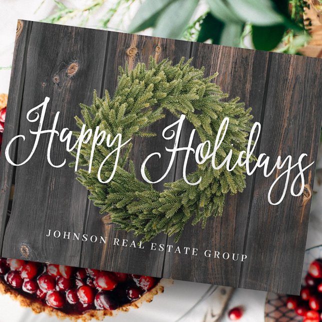 Foliage Wreath on Wood | Happy Holidays Greeting Holiday Postcard (Creator Uploaded)