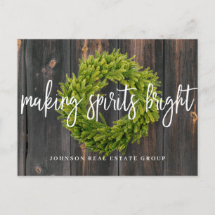 Foliage Wreath on Wood   Making Spirits Bright Holiday Postcard