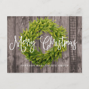 Foliage Wreath on Wood   Merry Christmas Greeting Holiday Postcard