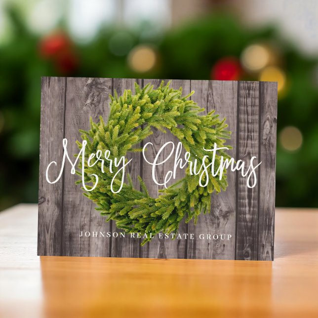 Foliage Wreath on Wood | Merry Christmas Greeting Holiday Postcard (Creator Uploaded)