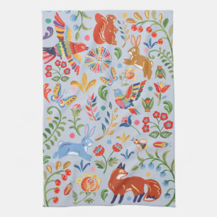 Folk Animal Woodland Floral Blue Cute Fiesta Tea Towel
