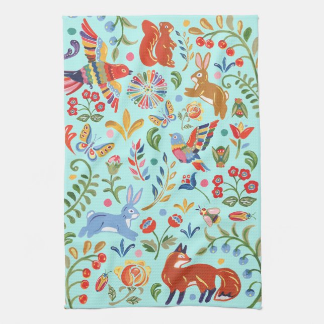 Folk Animal Woodland Floral Turquoise Fiesta Tea Towel (Vertical)